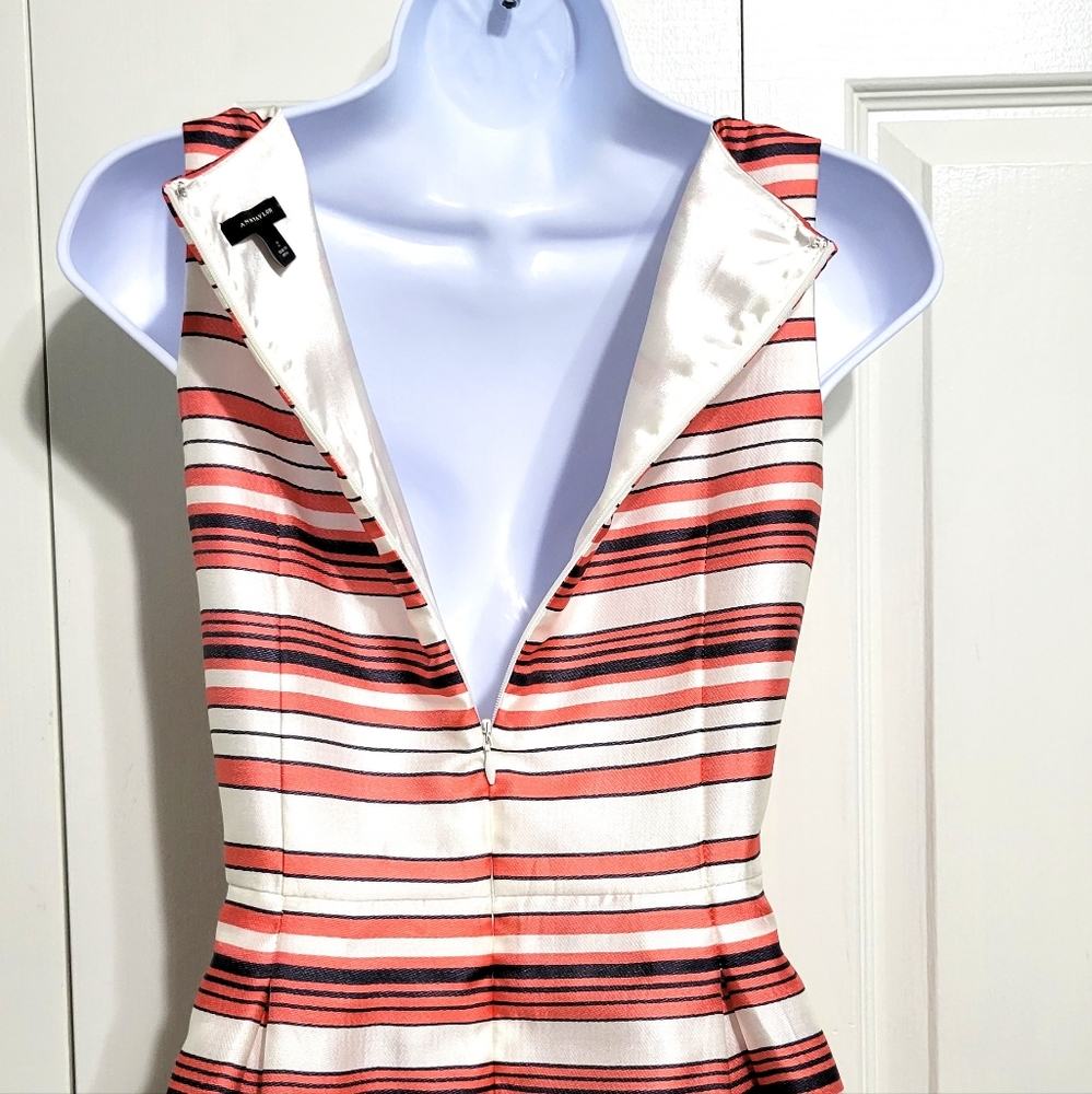 Ann Taylor Striped Pin White Fit Flair Pleated Dress Shiny Satiny - Picture 7 of 7